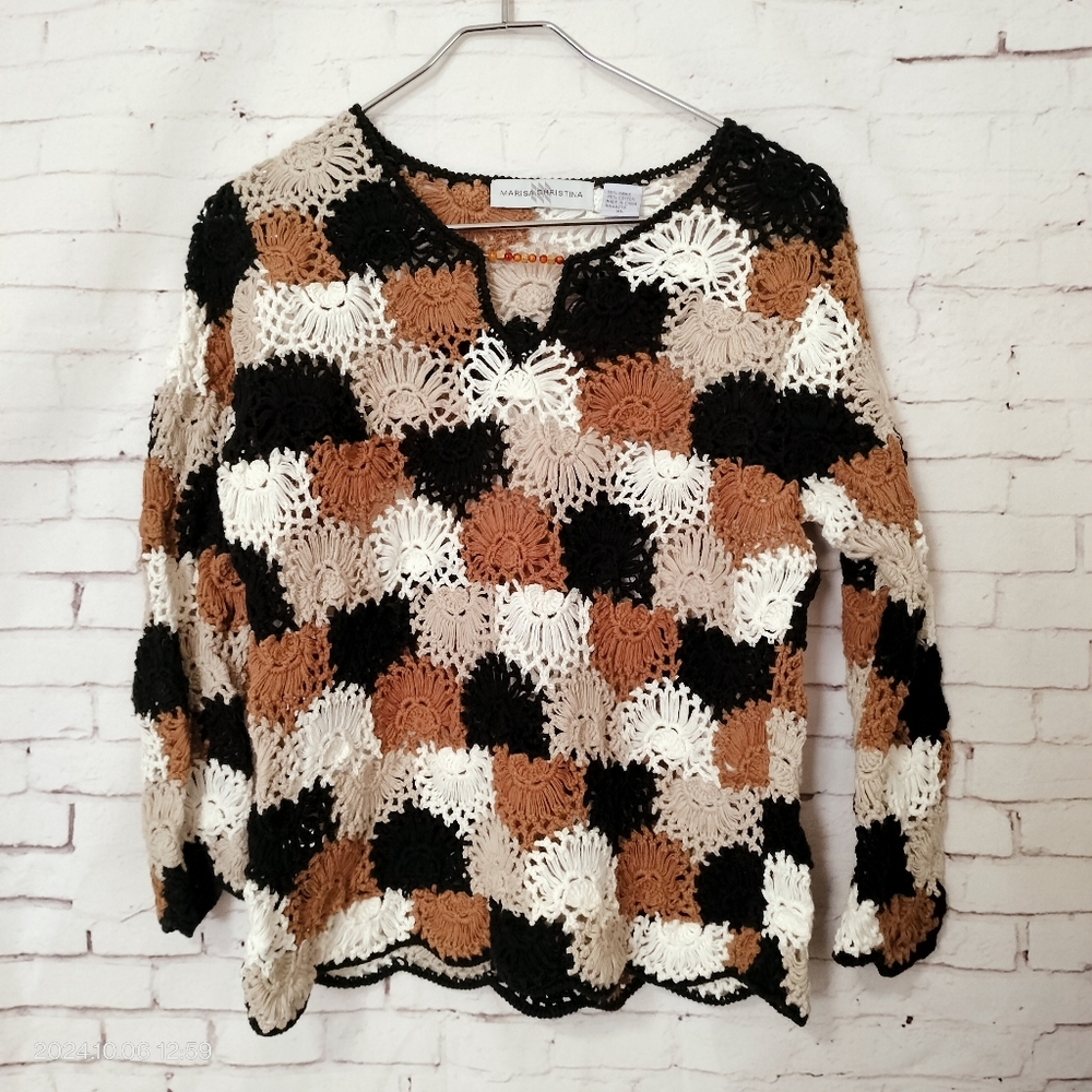 Marisa Christina Women's Sz XLarge Open Crochet Pullover Sweater Neutral Boho